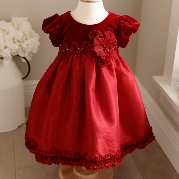 Red Velvet Taffeta Dress Girl's Portrait Special Occasion - Picture 1 of 6